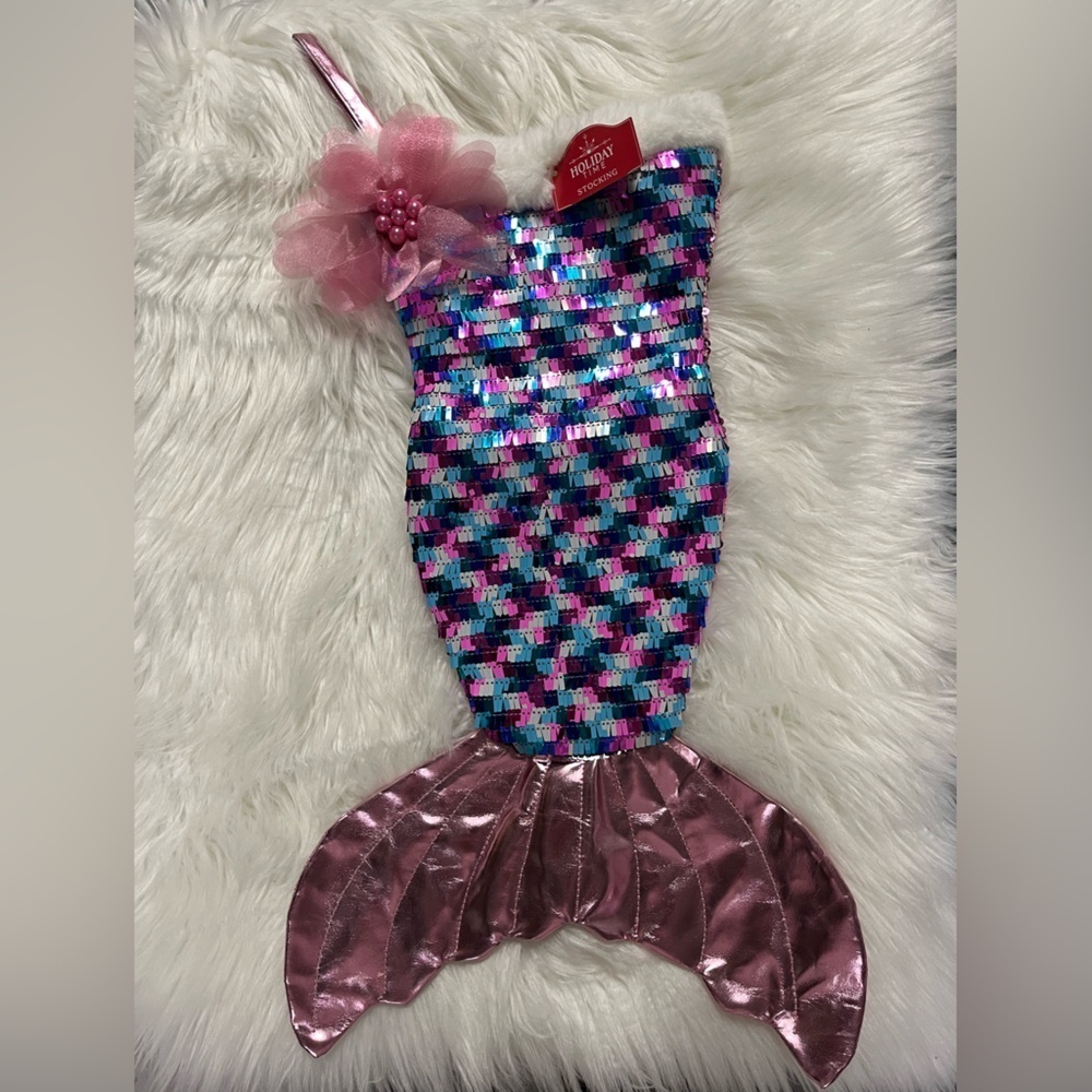 🆕Holiday Time Mermaid Tail Reversible Christmas Stocking Pink & Blue Sequined